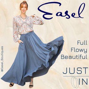 EASEL Silky Soft Flowy Maxi Skirt Smocked Waist & Drawstring, Pockets, Lux, Full